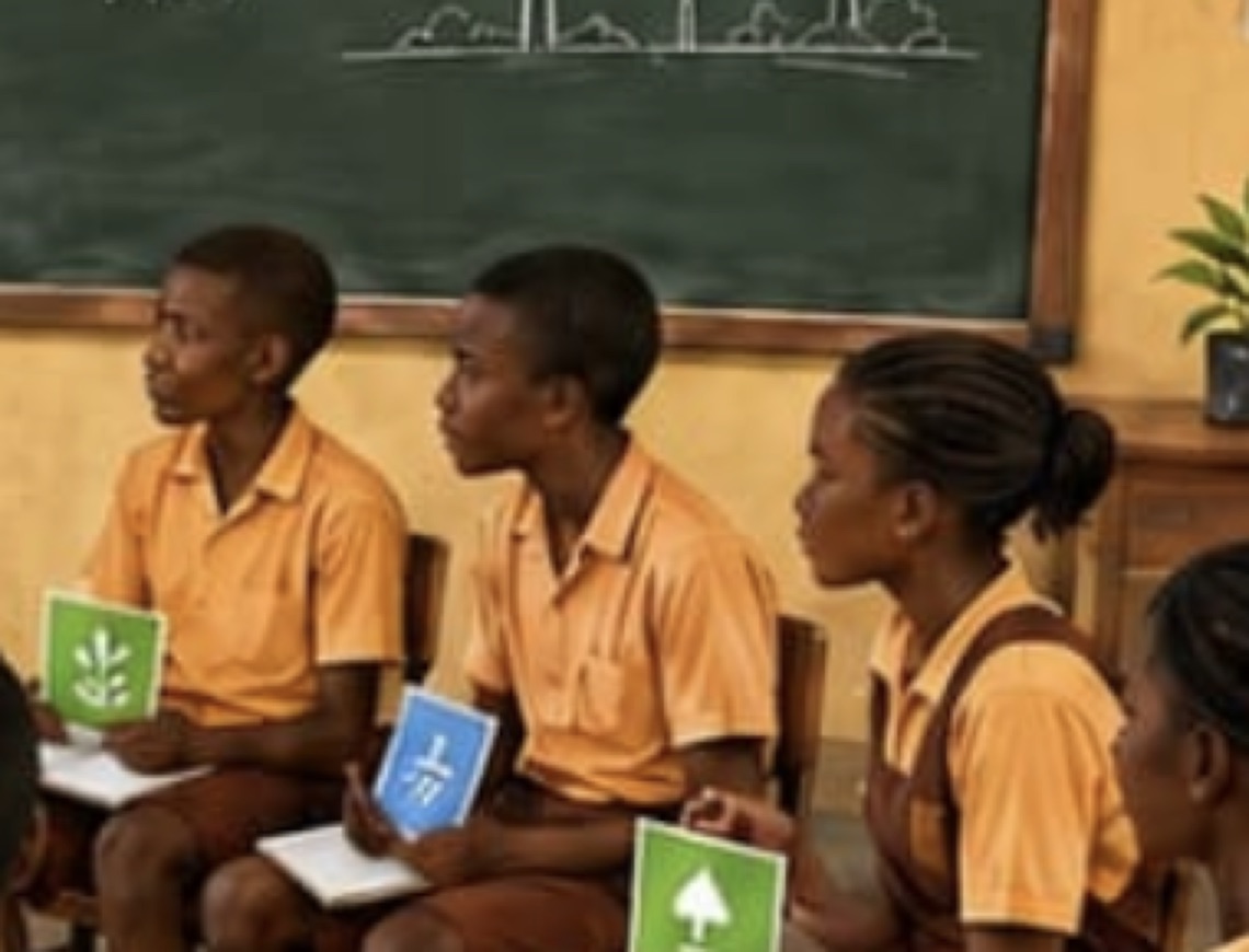 Pupils holding Sustainable Development Goal cards during a club session, with climate diagrams drawn on the blackboard behind them